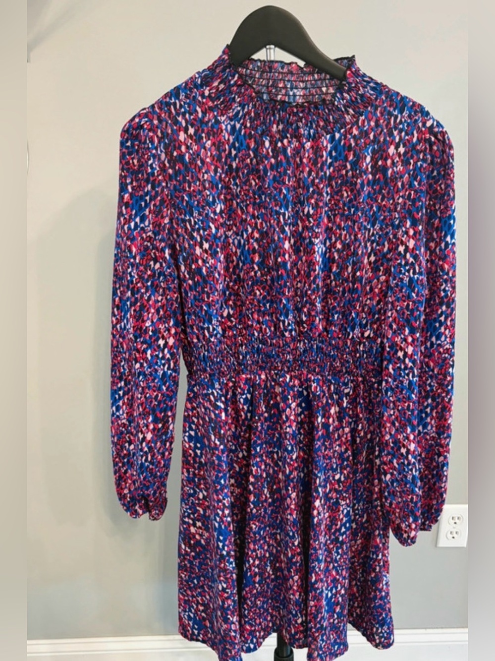 SHEIN Pink & Blue Printed Long Sleeve Smocked Waist Dress